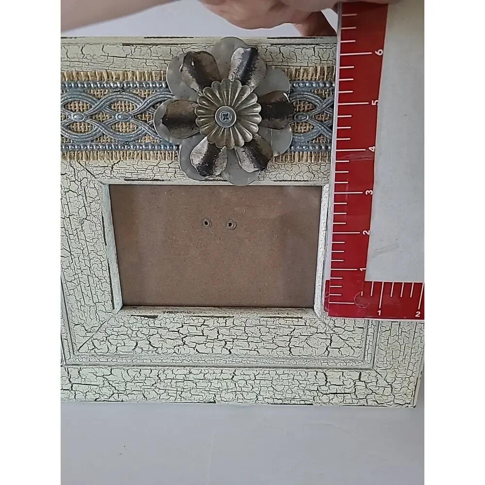 Country Style Picture Frame w/ Metal Flower Holds 3